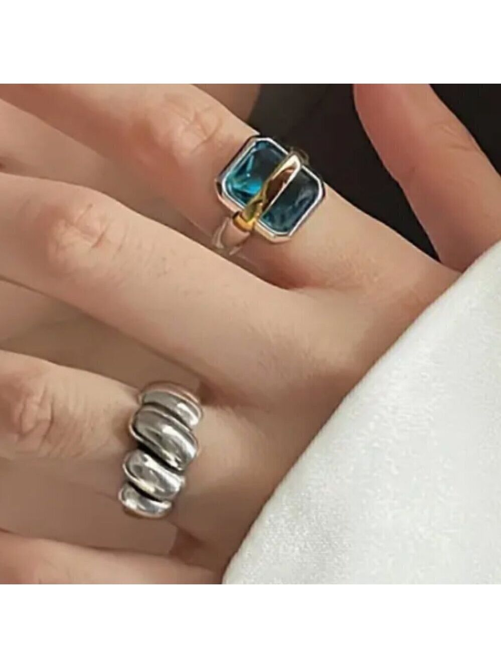 TWO RING SET Adjustable Silver Tone Faux Blue Zircon and Wrap Rings (#1367)